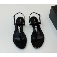 Hot Style Saint Laurent YSL Flat Thong Sandals in Black Patent Leather with Strass 506116