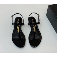 Stylish Saint Laurent YSL Flat Thong Sandals in Patent Leather Black/Gold 506117