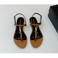 Perfect Saint Laurent YSL Flat Thong Sandals in Brown Calf Leather 506118