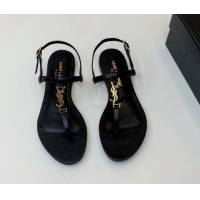 Good Product Saint Laurent YSL Flat Thong Sandals in Black Stone Embossed Leather 506119