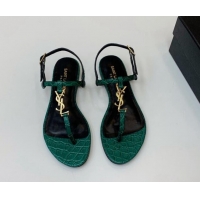 1:1 aaaaa Saint Laurent YSL Flat Thong Sandals in Green Stone Embossed Leather 506120