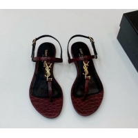 1:1 Saint Laurent YSL Flat Thong Sandals in Burgundy Stone Embossed Leather 506121