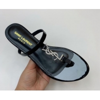 Best Grade Saint Laurent YSL Flat Thong Slide Sandals in Black Patent Leather with Strass 506122