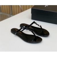 Top Design Saint Laurent YSL Flat Thong Slide Sandals in Patent Leather All Black 506125