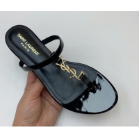 Top Grade Saint Laurent YSL Flat Thong Slide Sandals in Patent Leather Black/Gold 506126