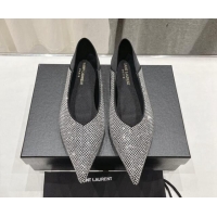 Unique Discount Saint Laurent Nour Pointed Flat Slippers in Strass Allover Silver 704094