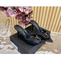 Duplicate Saint Laurent Babylon Heel Slides Sandal 9cm in Calf Leather with Framed YSL Black 725012