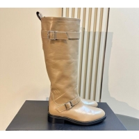 Luxurious Saint Laurent River High Boots 2.5cm with Buckle in Calf Leather Beige 009109