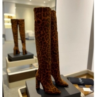 Top Design Saint Laurent Stretch Over-Knee High Boots in Leopard-print Suede Yellow 1009124