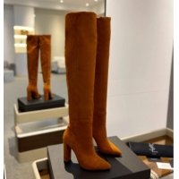 Shop Duplicate Saint Laurent Stretch Suede Over-Knee High Boots Dark Yellow 1009126