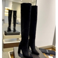 Unique Style Saint Laurent Stretch Suede Over-Knee High Boots Black 009128