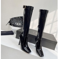 Good Quality Saint Laurent Patent Leather High Boots 10cm Black with Strass Buckle 1010002