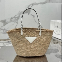 Top Grade Prada Woven Palm and Leather Tote Bag 1BG314 Beige/White 2023