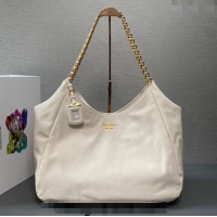 Top Grade Prada Calfskin Tote Bag with Chain 1BA638 White 2023