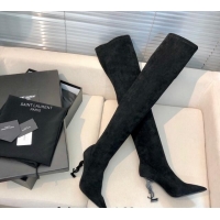 Classic Hot Saint Laurent STRETCH-FIT Suede Over-the-knee High Boots with 10cm YSL Heel Black 010008