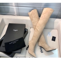 Pretty Style Saint Laurent STRETCH-FIT Suede Over-the-knee High Boots with 10cm YSL Heel Beige 010009