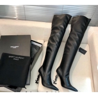 Purchase Saint Laurent STRETCH-FIT Leather Over-the-knee High Boots with 10cm YSL Heel Black 010010