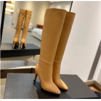 Top Grade Saint Laurent Calfskin Leather Over-the-knee High Boots 9.5cm Apricot 1010014