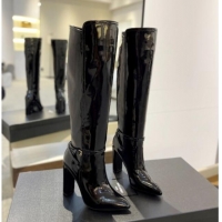 Low Price Saint Laurent Patent Leather High Boots 9.5cm with Buckle Strap Black 1010016