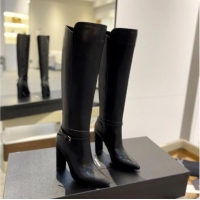 Luxurious Saint Laurent Calf Leather High Boots 9.5cm with Buckle Strap Black 010019