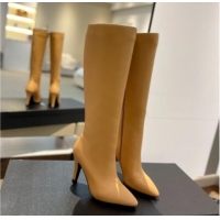 Popular Style Saint Laurent Calfskin Leather High Boots 9.5cm with Zip Apricot 1010022