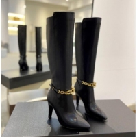 Pretty Style Saint Laurent Calfskin Leather High Boots 9.5cm with Chain Black 010025