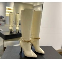 Good Quality Saint Laurent Calfskin Leather High Boots 9.5cm with Chain White 010028