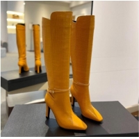 Top Design Saint Laurent Stone Embossed Leather High Boots 10.5cm with Buckle Apricot 010035