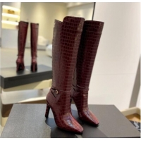 Luxury Saint Laurent Stone Embossed Leather High Boots 10.5cm with Buckle Dark Burgundy 010037