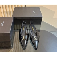 Grade Quality Saint Laurent Babylone Slingback Flats in Black Glazed Leather 010065