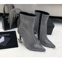 Shop Duplicate Saint Laurent Strass Allover Ankle Boots 10.5cm with YSL Heel Silver 1010080