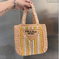 Pretty Style Prada Crochet Straw Top Handle Bag with Beads Sand 0705 Beige 2023