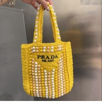 Popular Style Prada Crochet Straw Top Handle Bag with Beads 0705 Yellow 2023