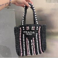 Super Quality Prada Crochet Straw Top Handle Bag with Beads 0705 Black 2023