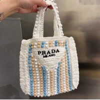 Top Design Prada Crochet Straw Top Handle Bag with Beads 0705 White 2023