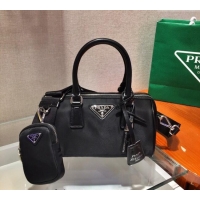 Famous Brand Prada Nylon and Saffiano Leather Small Top Handle Bag 1BA846 Black 2023