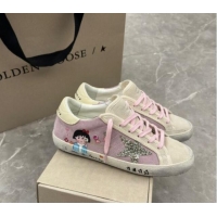 Grade Quality Golden Goose Super-Star Sneakers in Grey and Purple Suede with Girl Print 0530001