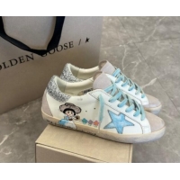 Grade Golden Goose Super-Star Sneakers in Leather and Suede with Girl Print White/Light Blue 530003