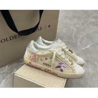 Hot Style Golden Goose Super-Star Sneakers in Beige Crinkle Leather and Suede with Moon Print 0530002