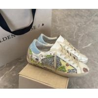 Stylish Golden Goose Super-Star Sneakers in Leather and Glitters with Dogs Print White/Light Blue 530005