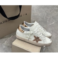 Popular Style Golden Goose Super-Star Sneakers in White Leather with Gold Glitter Star and Tab 530012