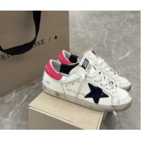 Charming Golden Goose Super-Star Sneakers in White Leather with Blue Glitter Star and Red Tab 530013