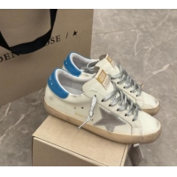 Luxury Golden Goose Super-Star Sneakers in White Leather with Silver Glitter Star and Blue Tab 530016