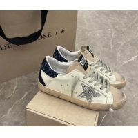 Pretty Style Golden Goose Super-Star Sneakers in White Leather with Silver Glitter Star and Blue Tab 530017