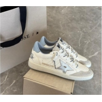 Perfect Golden Goose Ball Star Sneakers in white leather with silver star and light blue tab 0530025