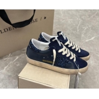 Stylish Golden Goose Women's Super-Star in navy blue nappa with black star and glitter heel tab 702118