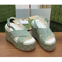 Luxurious Gucci GG Denim Platform Wedge Sandals Green 7230131