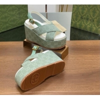 Luxurious Gucci GG Denim Platform Wedge Sandals Green 7230131