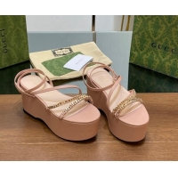 Popular Style Gucci Signoria Leather Platform Wedge Sandals with Logo Chain Light Pink 7230135