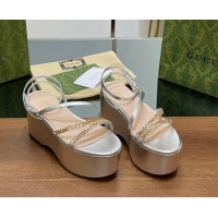 Good Product Gucci Signoria Leather Platform Wedge Sandals with Logo Chain Silver 7230137